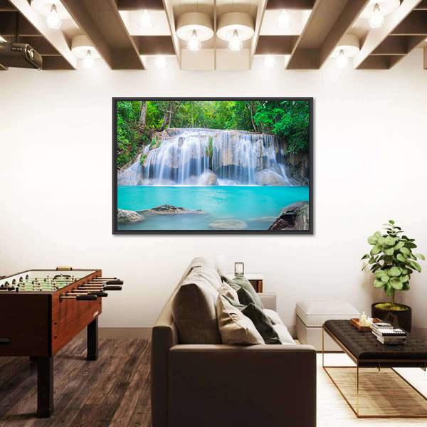 Waterfall In Tropical Forest Canvas Wall Art-3 Horizontal-Gallery Wrap-25" x 16"-Tiaracle