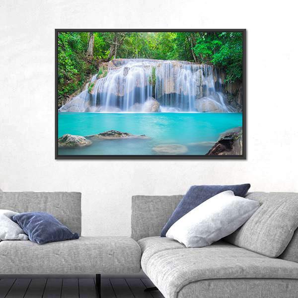 Waterfall In Tropical Forest Canvas Wall Art-3 Horizontal-Gallery Wrap-25" x 16"-Tiaracle