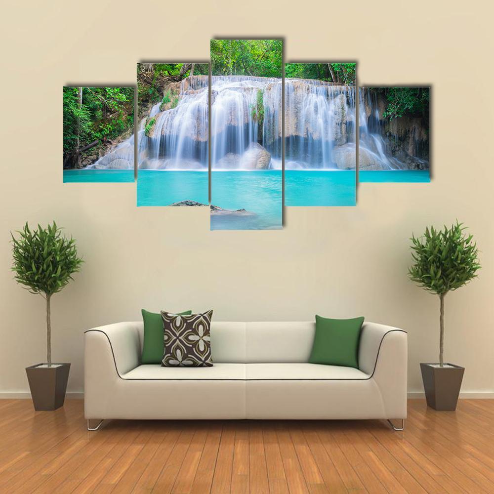 Waterfall In Tropical Forest Canvas Wall Art-5 Star-Gallery Wrap-62" x 32"-Tiaracle