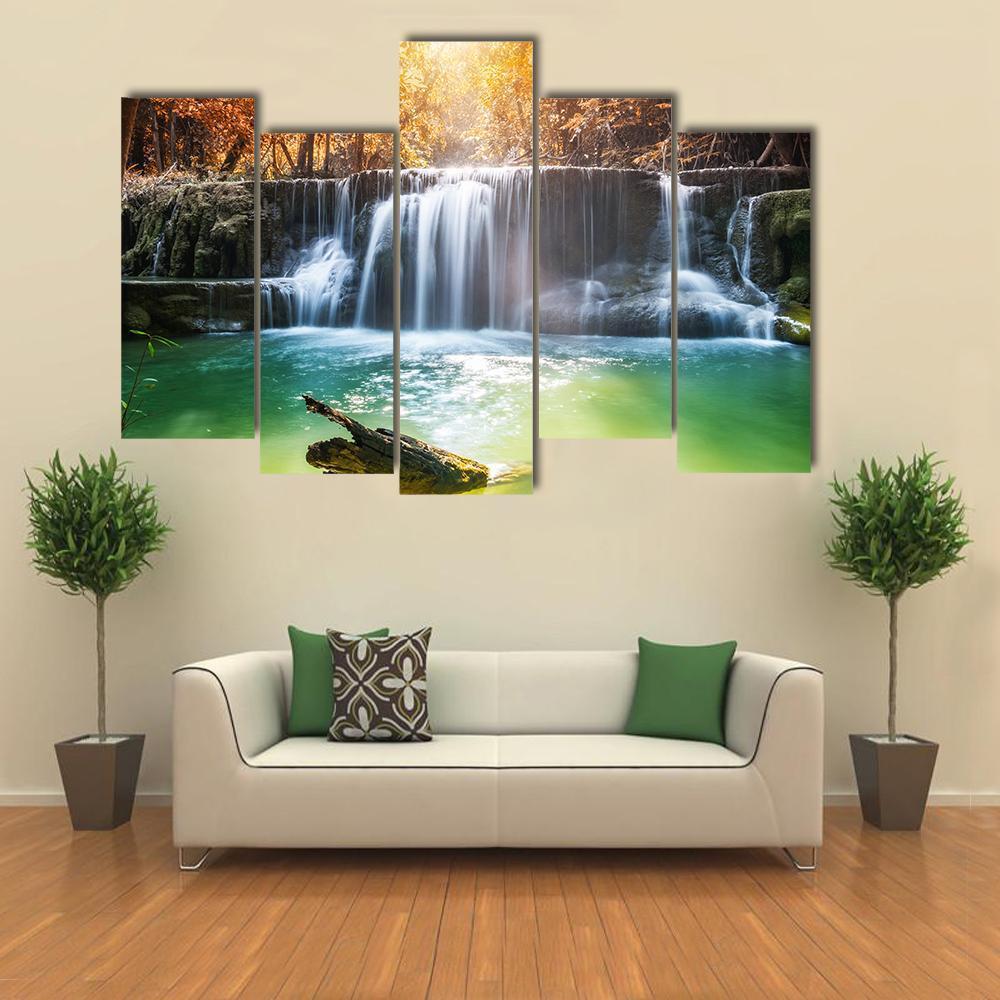 Waterfall In Tropical Rain Forest Canvas Wall Art-5 Pop-Gallery Wrap-47" x 32"-Tiaracle