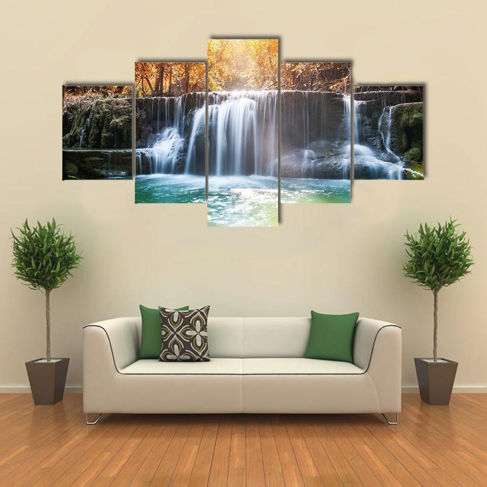 Waterfall In Tropical Rain Forest Canvas Wall Art-5 Star-Gallery Wrap-62" x 32"-Tiaracle