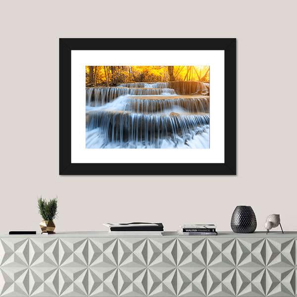 Waterfall In Yellow Forest Canvas Wall Art-1 Piece-Framed Print-20" x 16"-Tiaracle