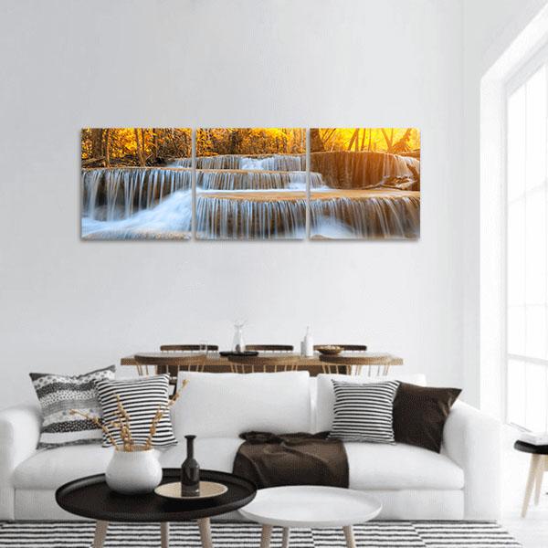 Waterfall In Yellow Forest Panoramic Canvas Wall Art-3 Piece-25" x 08"-Tiaracle