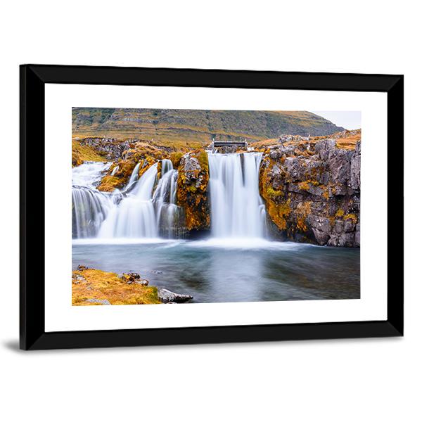 Waterfall Landscape At Kirkjufell Mountain Panoramic Canvas Wall Art-1 Piece-36" x 12"-Tiaracle
