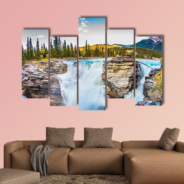 Waterfall Of Athabasca In Canada Canvas Wall Art-5 Pop-Gallery Wrap-47" x 32"-Tiaracle