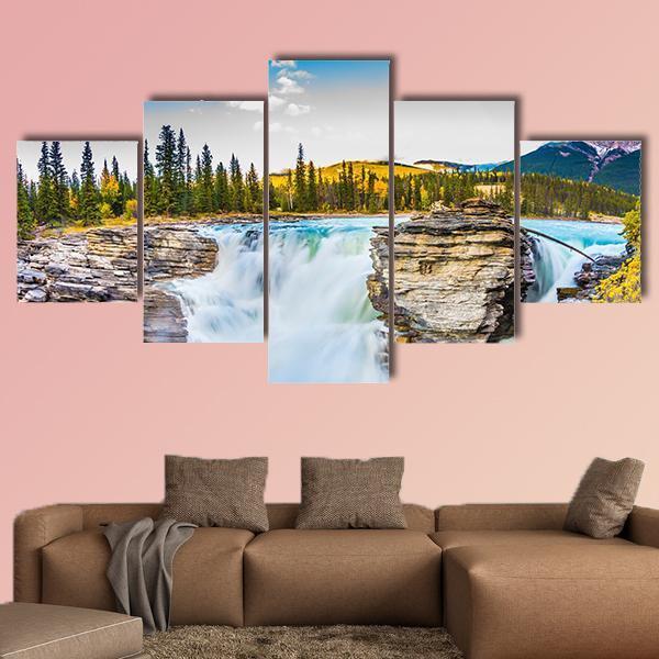 Waterfall Of Athabasca In Canada Canvas Wall Art-5 Star-Gallery Wrap-62" x 32"-Tiaracle