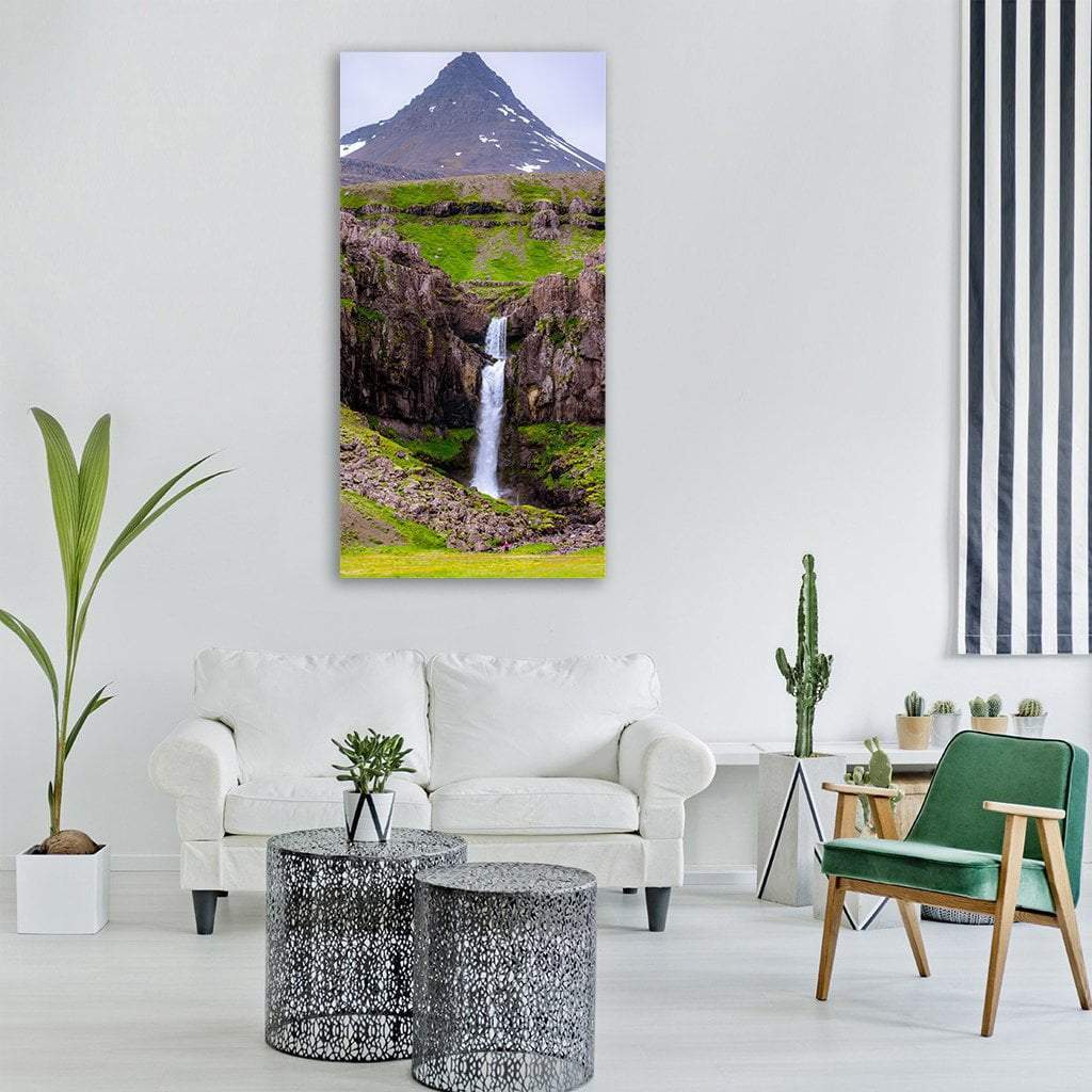 Waterfall Under High Mountains Vertical Canvas Wall Art-1 Vertical-Gallery Wrap-12" x 24"-Tiaracle