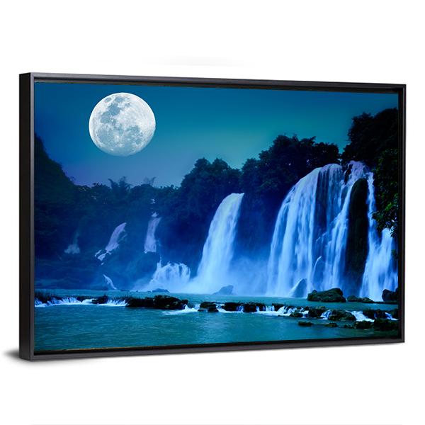 Waterfall Under Moonlight Canvas Wall Art-3 Horizontal-Gallery Wrap-25" x 16"-Tiaracle