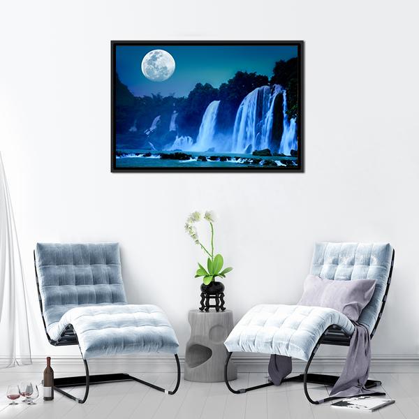 Waterfall Under Moonlight Canvas Wall Art-3 Horizontal-Gallery Wrap-25" x 16"-Tiaracle