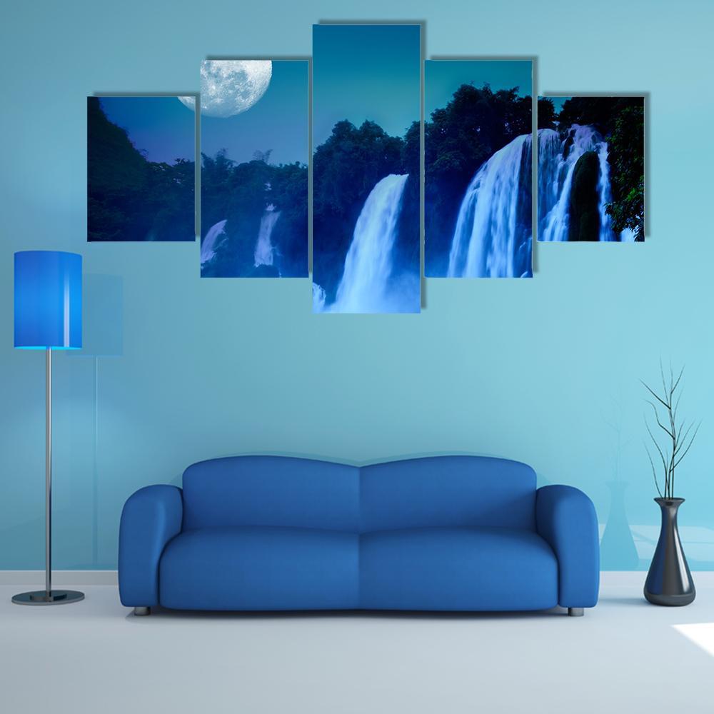 Waterfall Under Moonlight Canvas Wall Art-5 Star-Gallery Wrap-62" x 32"-Tiaracle