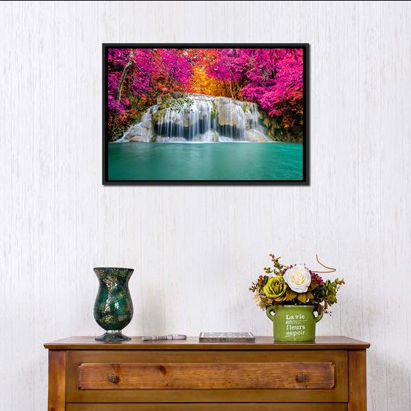 Waterfall With Pink Trees Canvas Wall Art-1 Piece-Floating Frame-24" x 16"-Tiaracle