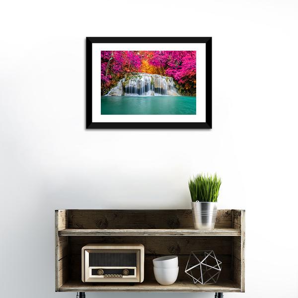 Waterfall With Pink Trees Canvas Wall Art-1 Piece-Framed Print-20" x 16"-Tiaracle