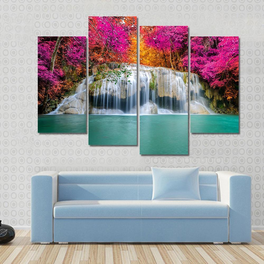 Waterfall With Pink Trees Canvas Wall Art-4 Pop-Gallery Wrap-50" x 32"-Tiaracle