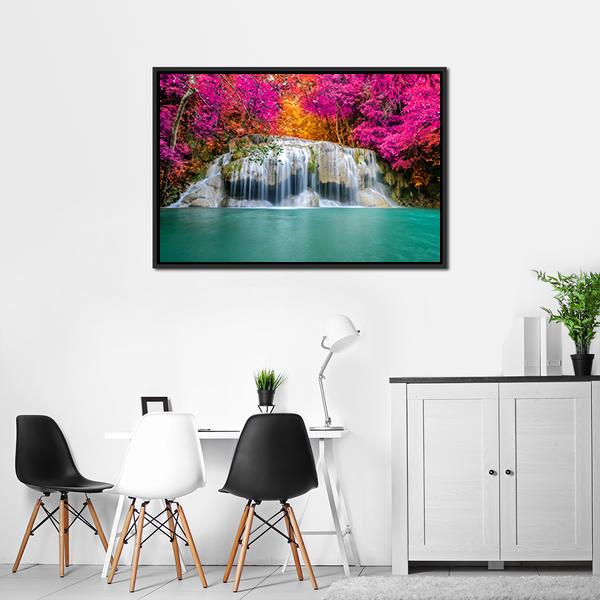 Waterfall With Pink Trees Panoramic Canvas Wall Art-1 Piece-36" x 12"-Tiaracle