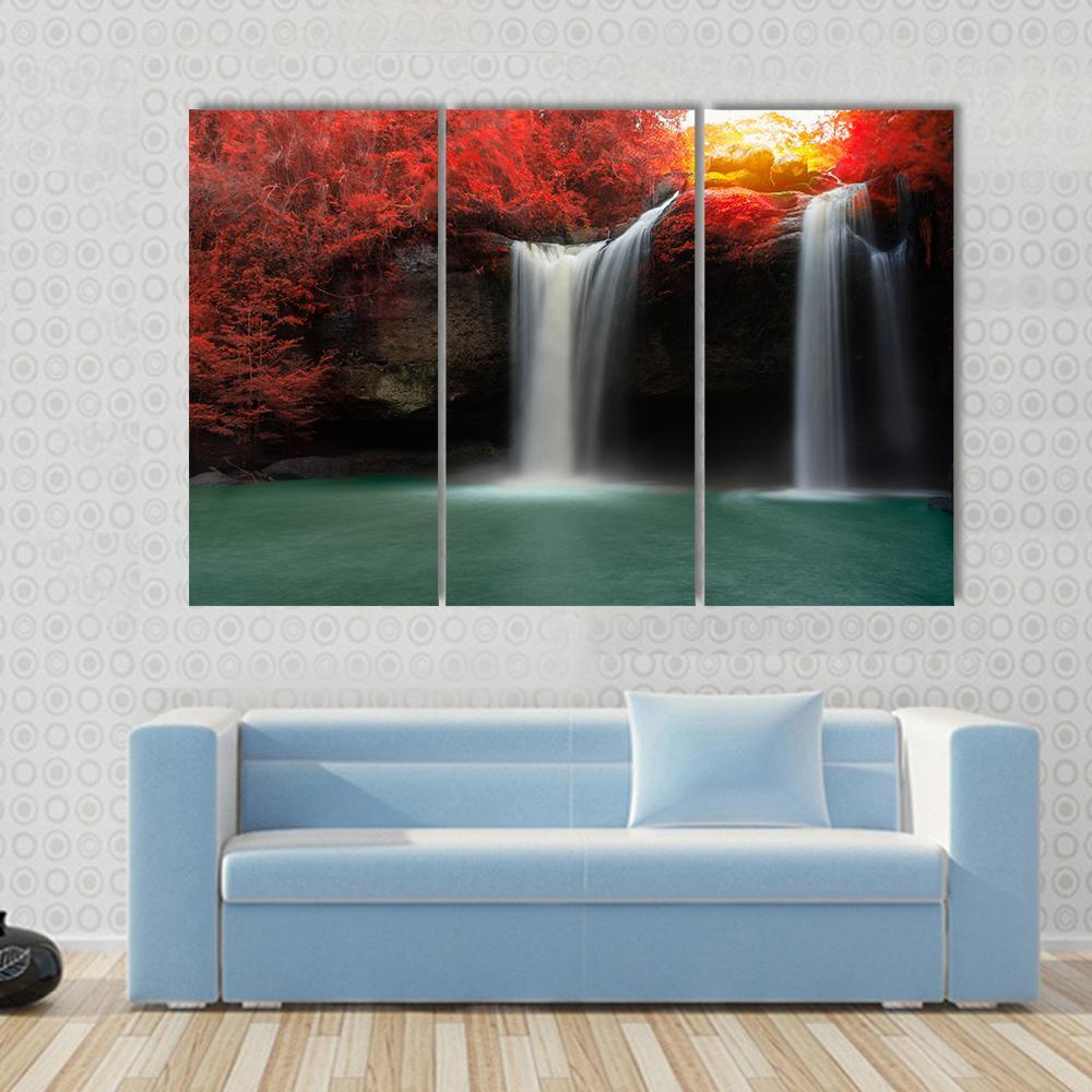 Waterfall With Red Trees Canvas Wall Art-3 Horizontal-Gallery Wrap-37" x 24"-Tiaracle