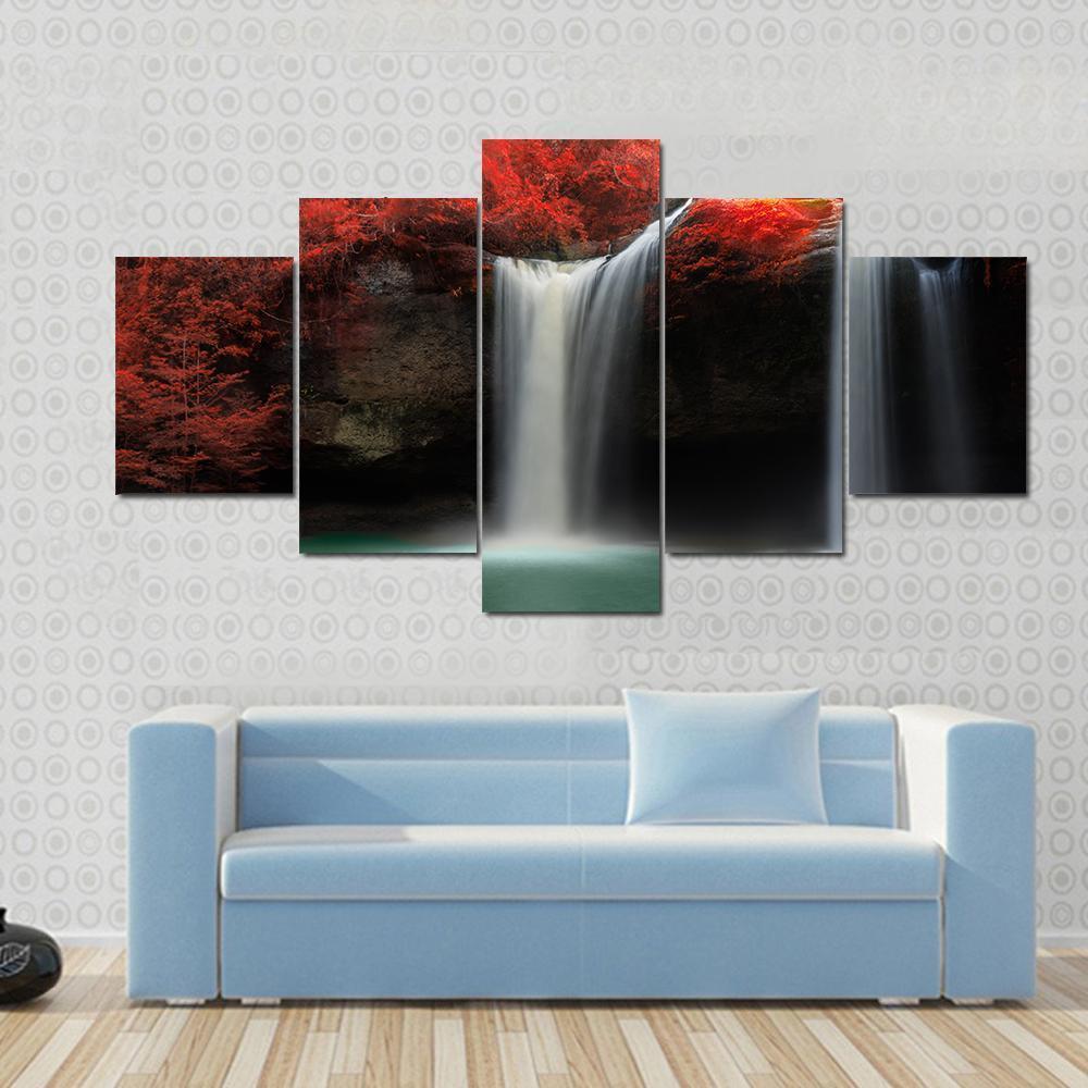 Waterfall With Red Trees Canvas Wall Art-5 Star-Gallery Wrap-62" x 32"-Tiaracle