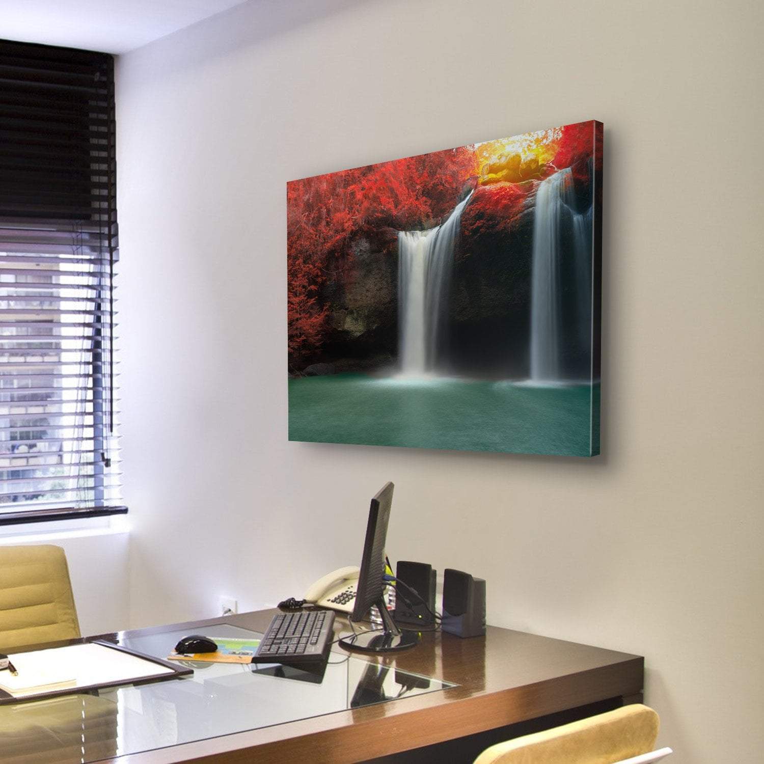 Waterfall With Red Trees Canvas Wall Art-3 Horizontal-Gallery Wrap-25" x 16"-Tiaracle
