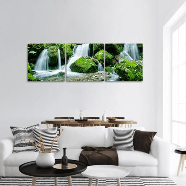 Waterfall With Several Cascades In Slovenia Panoramic Canvas Wall Art-3 Piece-25" x 08"-Tiaracle