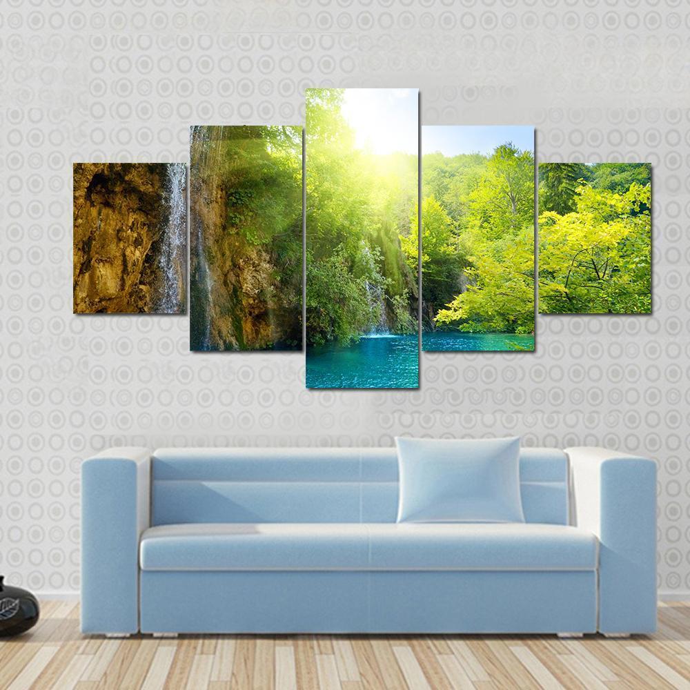 Waterfalls In Deep Forest Canvas Wall Art-3 Horizontal-Gallery Wrap-37" x 24"-Tiaracle
