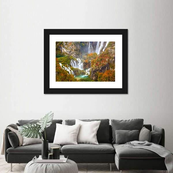 Waterfalls Of Plitvice National Park In Autumn Canvas Wall Art-3 Horizontal-Gallery Wrap-25" x 16"-Tiaracle