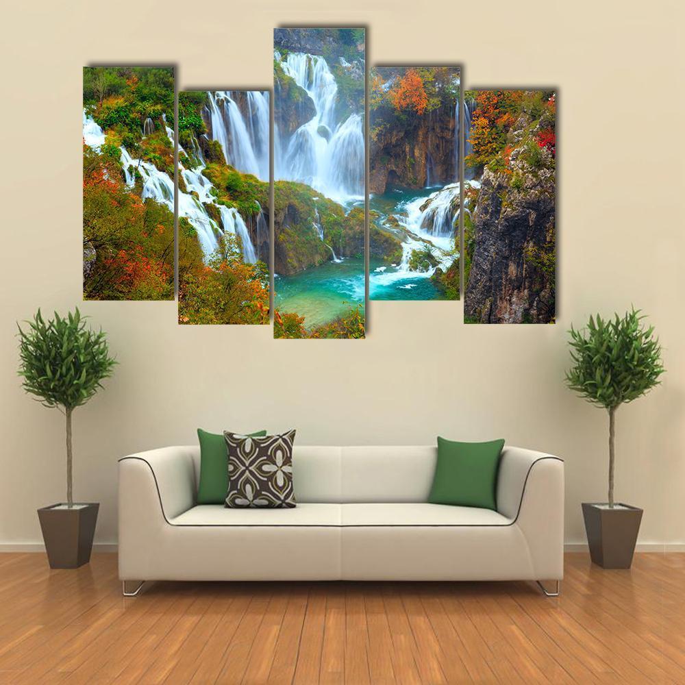 Waterfalls Of Plitvice National Park Canvas Wall Art-5 Pop-Gallery Wrap-47" x 32"-Tiaracle