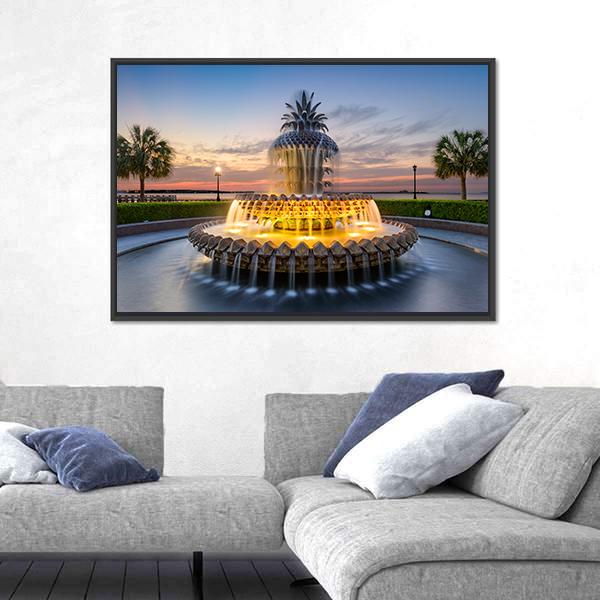 Waterfront Park Pineapple Fountain In Charleston Canvas Wall Art-1 Piece-Floating Frame-24" x 16"-Tiaracle