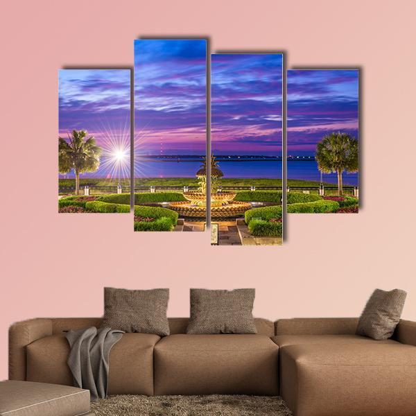 Waterfront Park With Pineapple Fountain Canvas Wall Art-4 Pop-Gallery Wrap-50" x 32"-Tiaracle