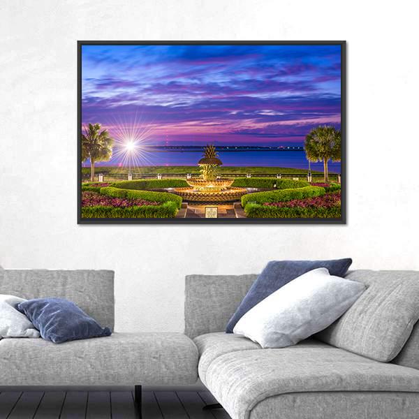 Waterfront Park With Pineapple Fountain Panoramic Canvas Wall Art-1 Piece-36" x 12"-Tiaracle