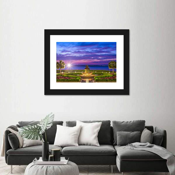 Waterfront Park With Pineapple Fountain Panoramic Canvas Wall Art-1 Piece-36" x 12"-Tiaracle