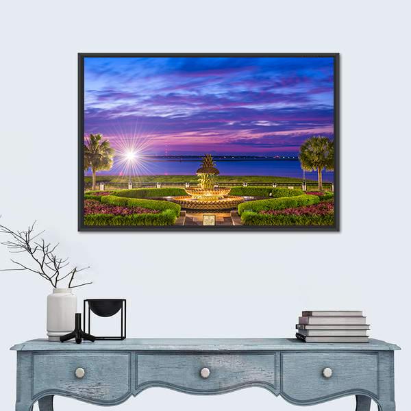 Waterfront Park With Pineapple Fountain Panoramic Canvas Wall Art-1 Piece-36" x 12"-Tiaracle