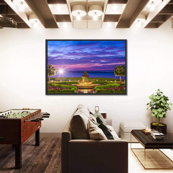 Waterfront Park With Pineapple Fountain Panoramic Canvas Wall Art-1 Piece-36" x 12"-Tiaracle