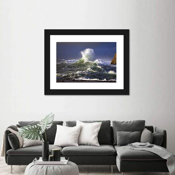 Wave Crashing Distant Storm Cape Kiwanda Canvas Wall Art-3 Horizontal-Gallery Wrap-25" x 16"-Tiaracle