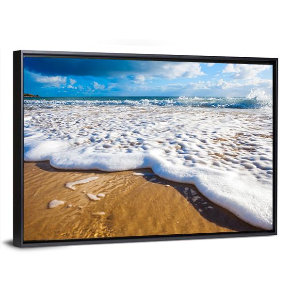 Waves Wash Over Golden Sand On Australian Beach Canvas Wall Art-3 Horizontal-Gallery Wrap-25" x 16"-Tiaracle