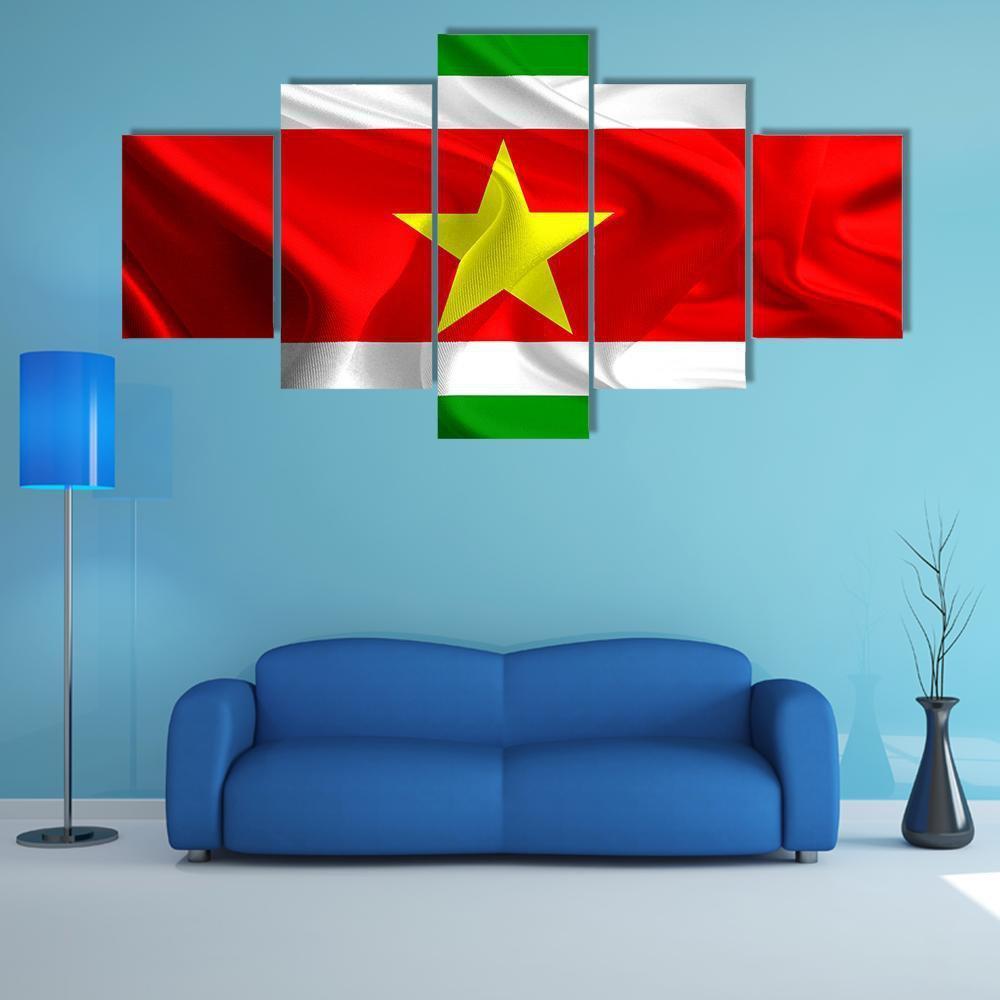 Waving Fabric Flag Of Suriname Canvas Wall Art-5 Star-Gallery Wrap-62" x 32"-Tiaracle