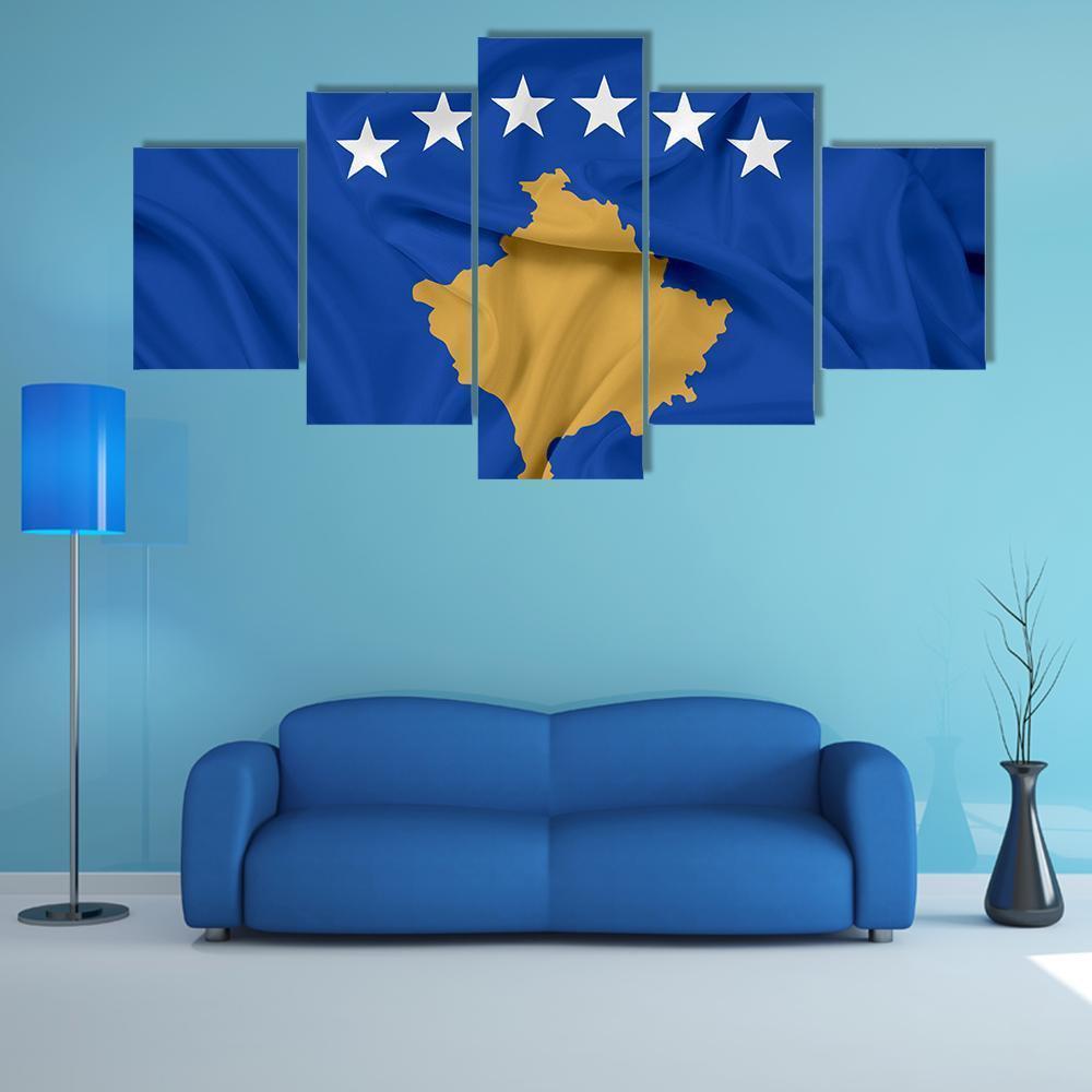 Waving Flag Of Kosovo Canvas Wall Art-5 Star-Gallery Wrap-62" x 32"-Tiaracle