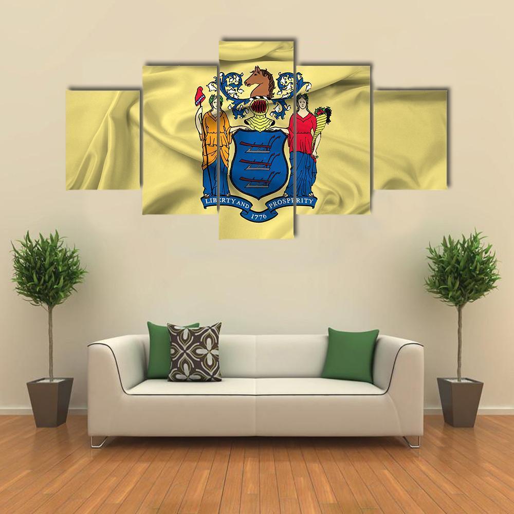 Waving Flag Of New Jersey Canvas Wall Art-5 Star-Gallery Wrap-62" x 32"-Tiaracle