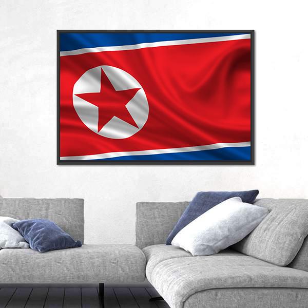 Waving Flag Of North Korea Canvas Wall Art-3 Horizontal-Gallery Wrap-25" x 16"-Tiaracle