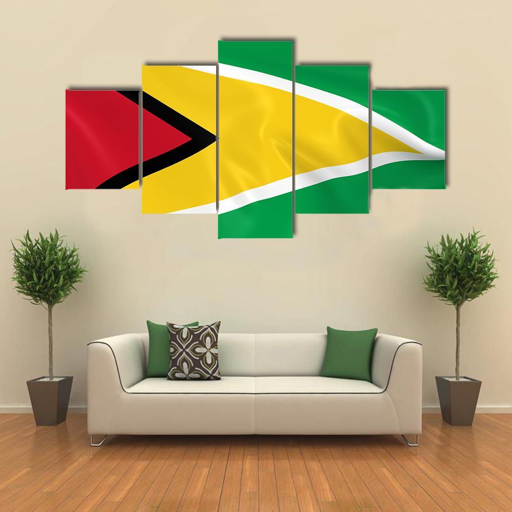 Waving Guyana Flag Canvas Wall Art-5 Star-Gallery Wrap-62" x 32"-Tiaracle