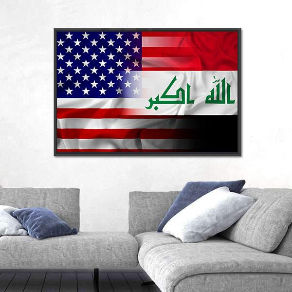 Waving Iraq And USA Flag Canvas Wall Art-5 Horizontal-Gallery Wrap-22" x 12"-Tiaracle