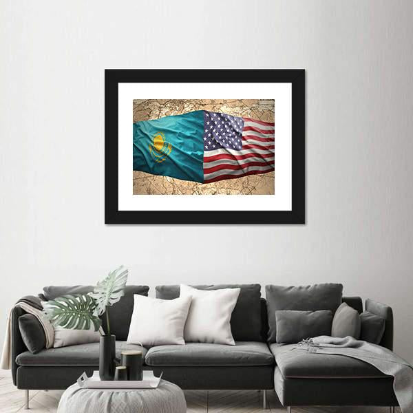 Waving Kazakh And American Flag Panoramic Canvas Wall Art-1 Piece-36" x 12"-Tiaracle