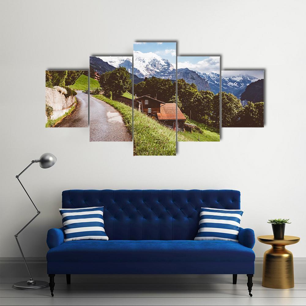 Wengen Resort In Swiss Alp Canvas Wall Art-5 Star-Gallery Wrap-62" x 32"-Tiaracle