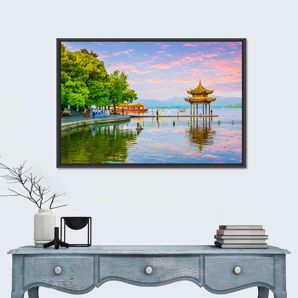 West Lake Hangzhou Scenery Canvas Wall Art-1 Piece-Floating Frame-24" x 16"-Tiaracle