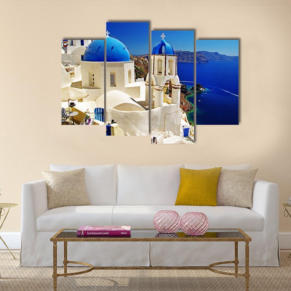 White & Blue Santorini Canvas Wall Art-4 Pop-Gallery Wrap-50" x 32"-Tiaracle
