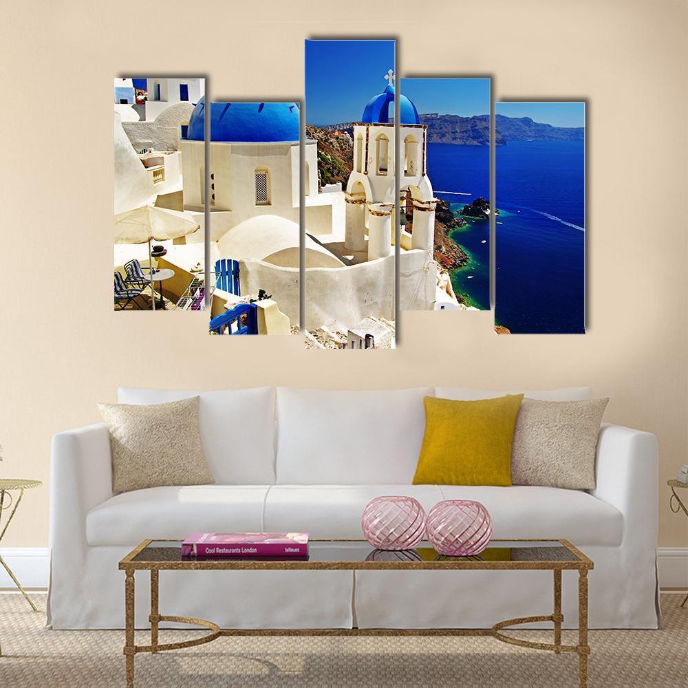 White & Blue Santorini Canvas Wall Art-5 Pop-Gallery Wrap-47" x 32"-Tiaracle