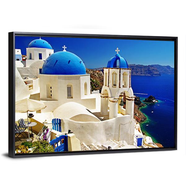 White & Blue Santorini Canvas Wall Art-3 Horizontal-Gallery Wrap-25" x 16"-Tiaracle
