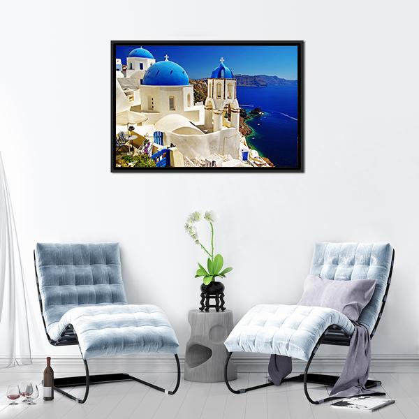 White & Blue Santorini Canvas Wall Art-3 Horizontal-Gallery Wrap-25" x 16"-Tiaracle