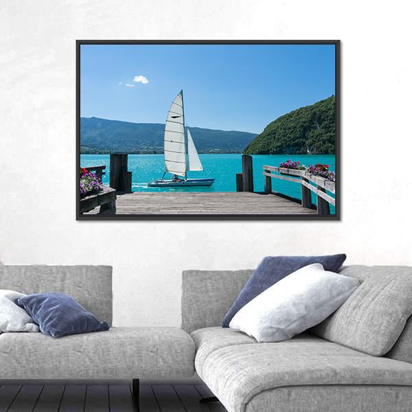 White Boat Is Sailing Canvas Wall Art-3 Horizontal-Gallery Wrap-25" x 16"-Tiaracle