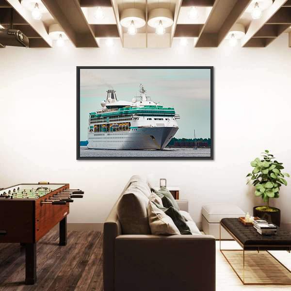 White Cruise Liner In Riga City Canvas Wall Art-3 Horizontal-Gallery Wrap-25" x 16"-Tiaracle