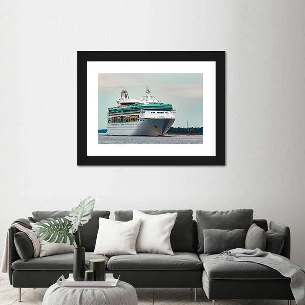 White Cruise Liner In Riga City Canvas Wall Art-3 Horizontal-Gallery Wrap-25" x 16"-Tiaracle
