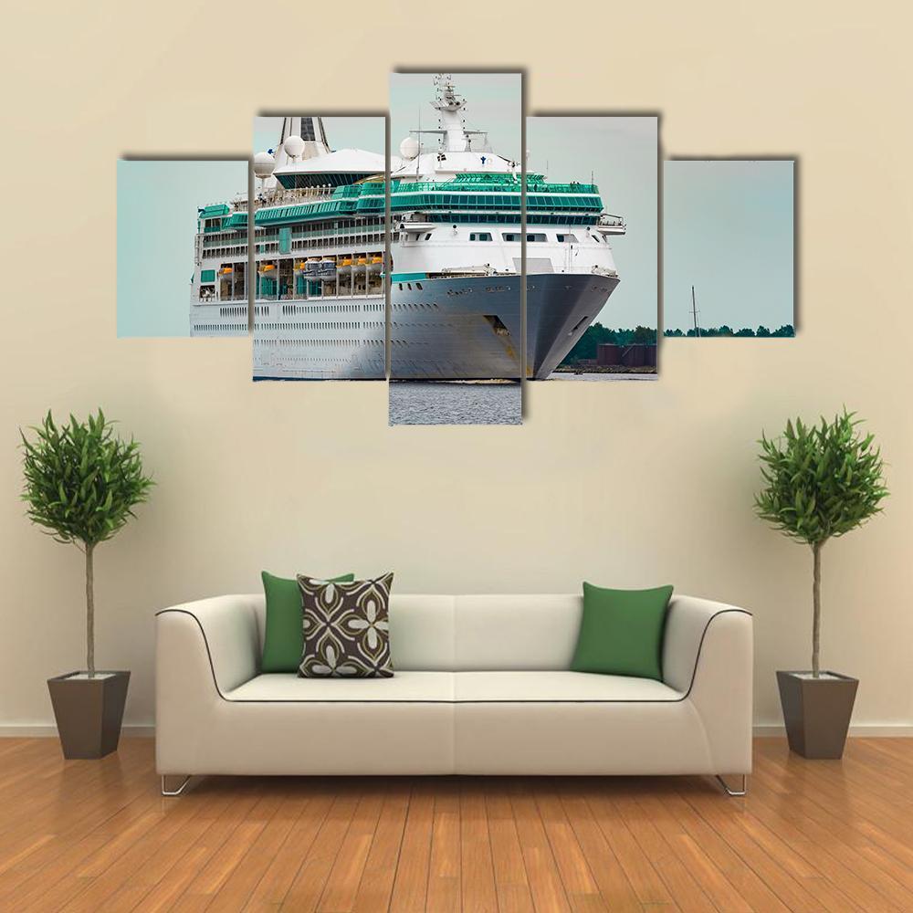 White Cruise Liner In Riga City Canvas Wall Art-5 Star-Gallery Wrap-62" x 32"-Tiaracle